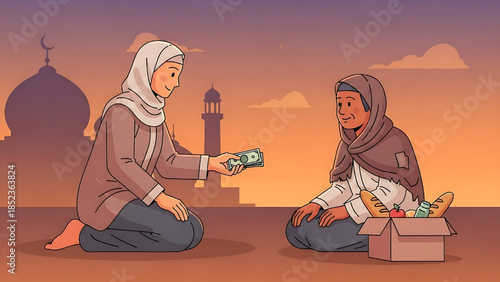 illustration of a Muslim person giving charity to someone in need during Ramadan.