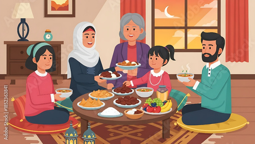 illustration of a big Muslim family gathering for iftar at home during Ramadan.