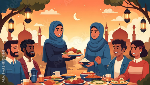 Flat design semi-detailed illustration of a Muslim woman sharing iftar food with neighbors during Ramadan.