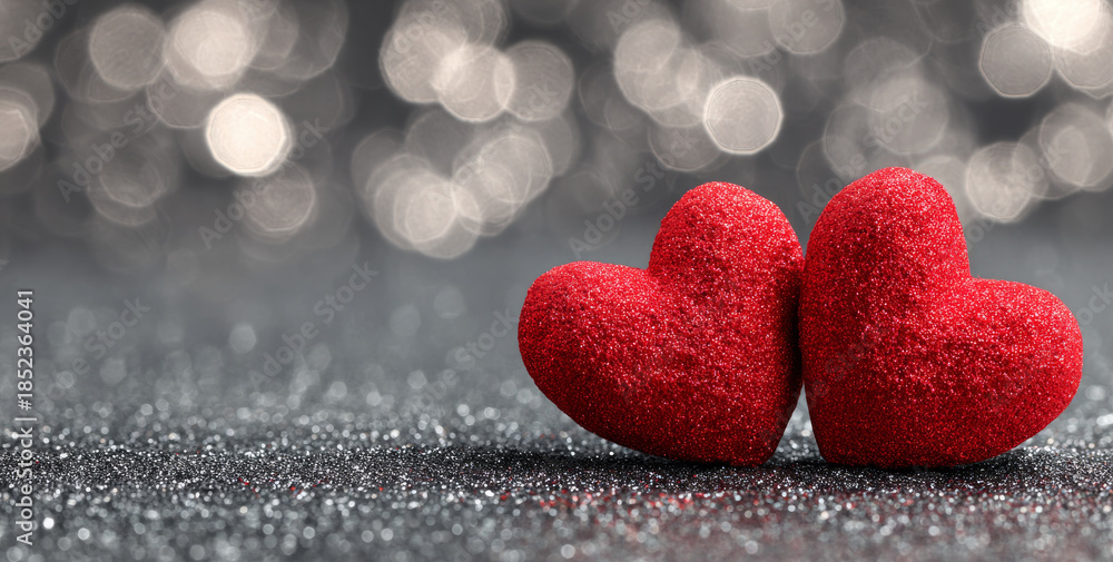 Obraz premium Two red hearts on sparkling silver background with glitter create romantic and festive atmosphere full of warmth and love