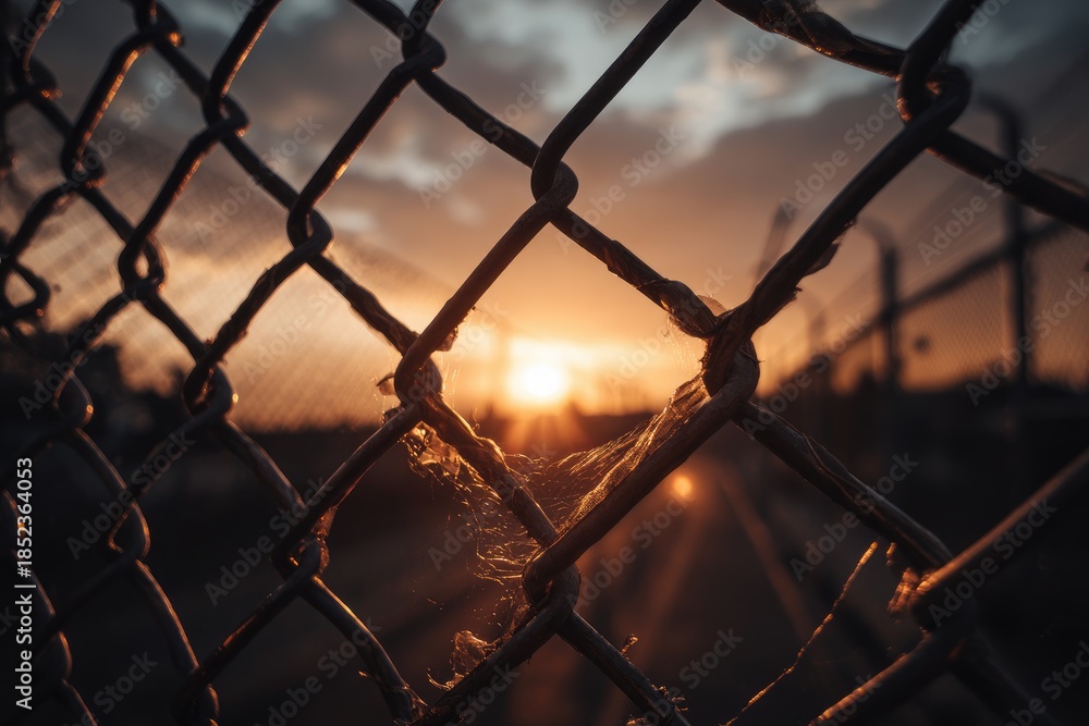Fototapeta premium A setting sun viewed through a damaged chain-link fence, its warm light illuminating the damaged wire and creating a hazy, atmospheric effect. 