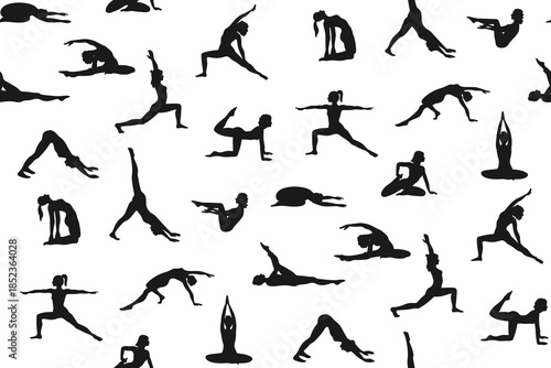 Women do yoga and Pilates exercises silhouette seamless pattern. Healthy wellness lifestyle. Shadow young woman doing fitness stretching, meditation gym sport training vector boundless background