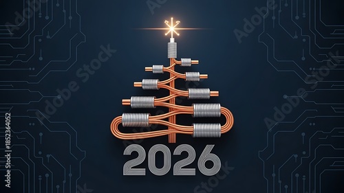 A symbolic Christmas tree laid out of a cable and a coil, 2026 New Year template, banner, poster on a power engineering theme, created with generative ai