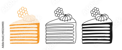 Piece of honey cake symbol cartoon set. Sweet holiday bakery honey pie with honeycomb linear doodle icon. Abstract childish hand drawn cake simple stylized graphic sign. Vector kids illustration