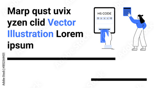 Data entry, logistics, digital workflows, coding systems, trade compliance, transaction verification. Illustrated hand interacting with HS code. Focus on data entry and logistics concepts