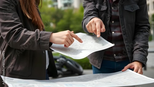 Two people use their hands and fingers to point city map outdoors, focusing navigation, travel, and direction while planning their urban route together with curiosity, wearing casual clothing
