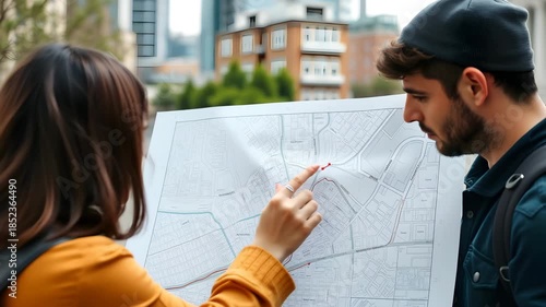 Two people use their hands and fingers to point city map outdoors, focusing navigation, travel, and direction while planning their urban route together with curiosity, wearing casual clothing