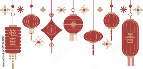 Red and gold Chinese lanterns and floral ornaments