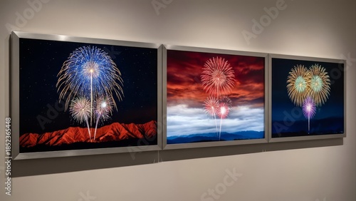 Vibrant fireworks display illuminating night sky above arid landscape