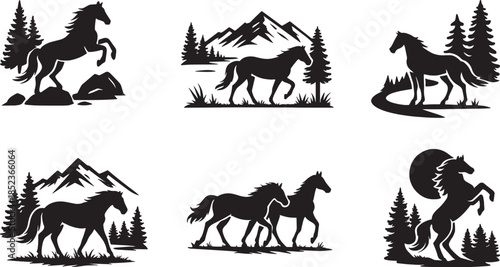 Wild horse silhouettes with mountains and forest scenery in vintage monochrome vector style
