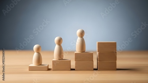 Wooden human figures standing on stacked blocks representing career growth and hierarchy