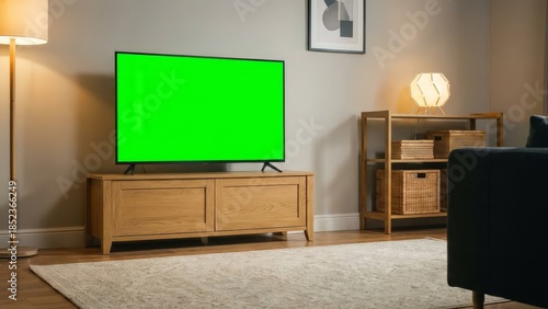 Modern living room with green screen television and ambient lighting