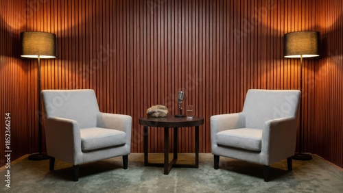 Interior scene with two chairs and a small table between them