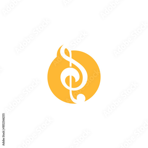A stylized treble clef symbol is prominently featured within a vibrant orange circular background.