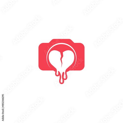 A stylized red camera icon with a broken, melting heart inside, symbolizing heartbreak or lost love.