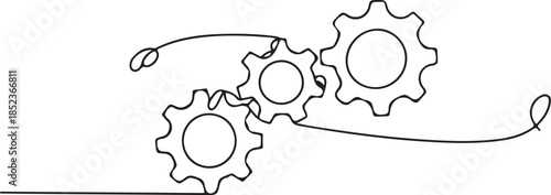 Continuous line gear mechanism illustration with connected cogs, engineering process concept and minimalist outline style