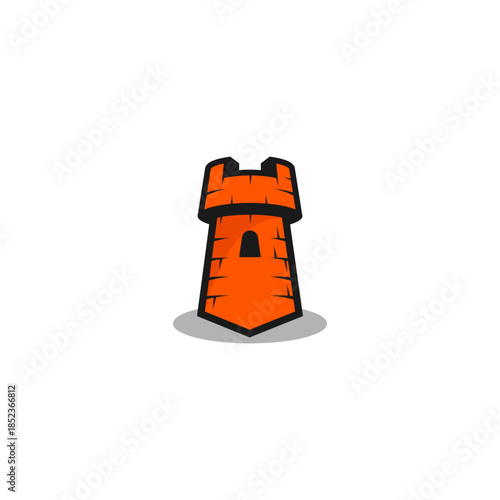 A stylized orange castle tower with a small window and battlements, set against a white background.