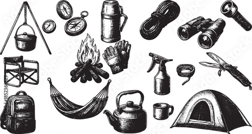 Camping Equipment Hand Drawn Icons Set with Tent, Campfire, Tools and Outdoor Gear Vector