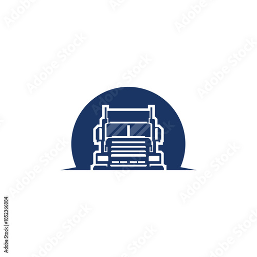 A stylized illustration of the front of a blue semi-truck, centered within a dark blue semi-circle.