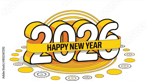 2026 Happy New Year text with yellow ribbon and circles