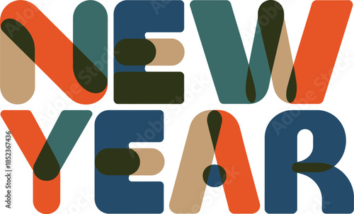 New Year text with overlapping colorful letters lettering