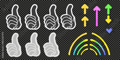 Thumbs up icons with arrows and a heart showcasing approval and positive feedback
