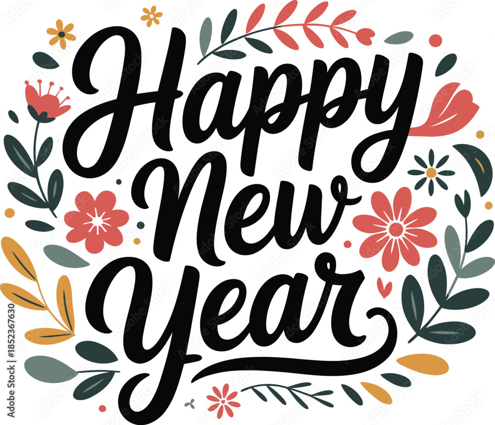 Obraz premium Happy New Year floral lettering