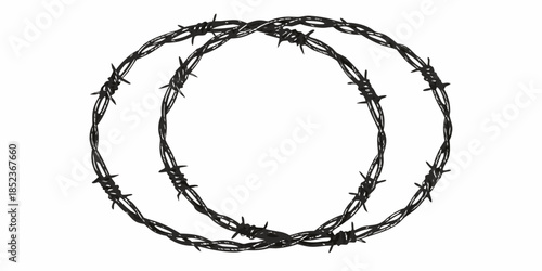 Two circular outlines formed by sharply barbed wire isolated on white