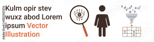 Data management, information security, user identity, analytics, visualization, research. Eye under magnifying glass, female figure binary funnel. Data management and information security concept