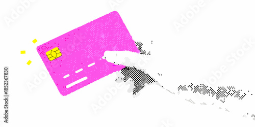 A pink credit card being held by a hand with scattered gold shapes