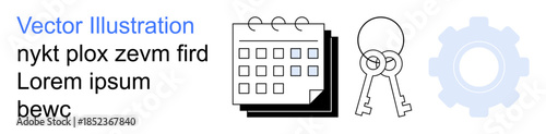 Time management, security access, system configuration, planning, workflow, data organization. A calendar, keys and a gear symbol. Time management and security access concepts