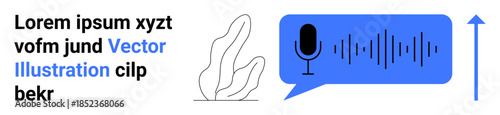 Voice recognition, podcasting, communication, sound recording, digital media, audio tools. Speech bubble with microphone and soundwave icons. Voice recognition and podcasting visuals