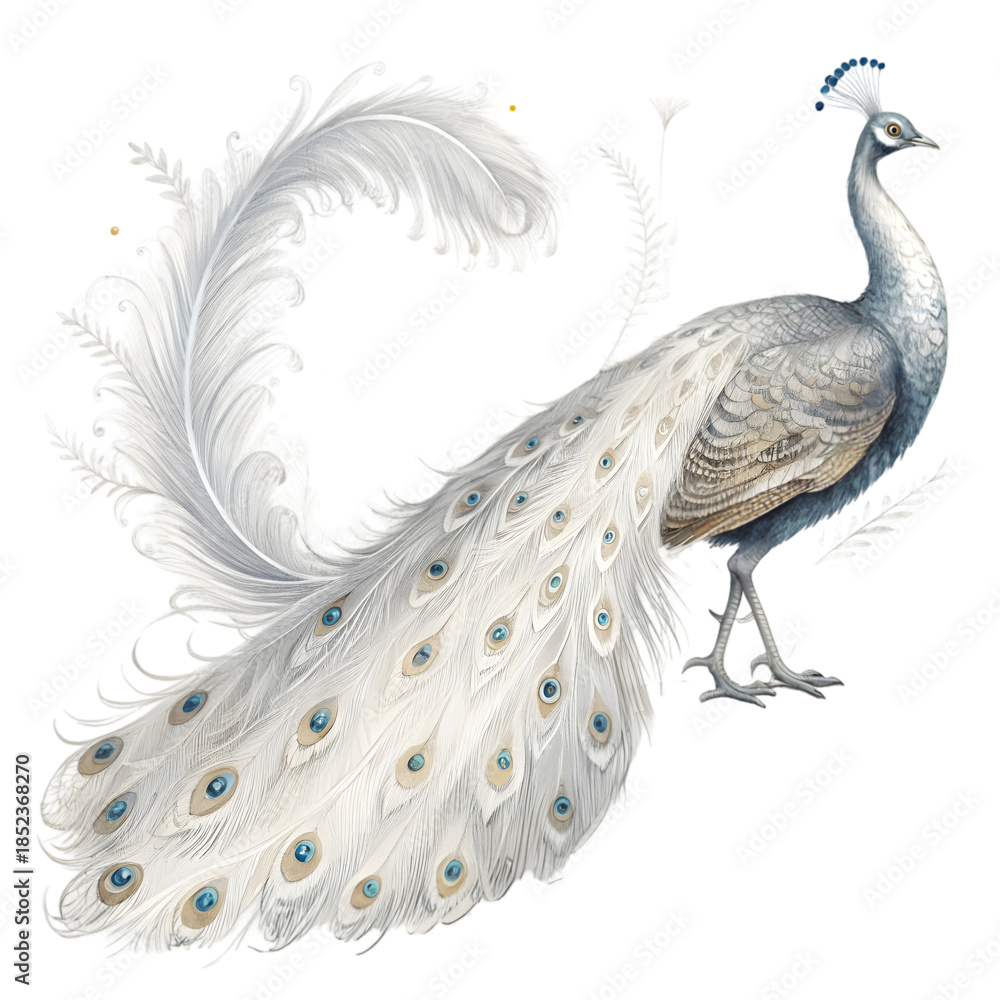Fototapeta premium White Peacock Watercolor Illustration Bird Feather on transparent background