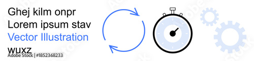Time management, workflow efficiency, productivity, business process, automation, planning. Circular arrows linking stopwatch and gears. Time management and workflow concepts illustrated