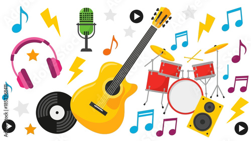 Vector illustration of musical instruments and symbols, featuring a guitar, drum set, headphones, and microphone for a vibrant music concept