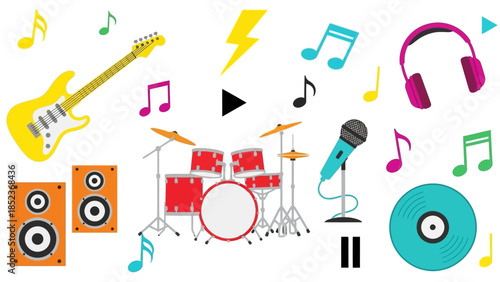 Collection of musical instruments and audio equipment including a guitar, drum set, speakers, headphones, microphone, and vinyl record, surrounded by musical notes and a lightning bolt