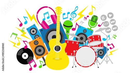 Vibrant musical instruments and audio equipment creating a lively and energetic atmosphere, perfect for music-related content
