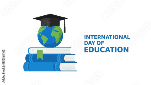 International Day of Education concept illustration with globe wearing graduation cap on stack of books