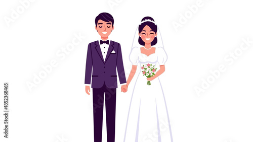A happy bride and groom holding hands on their wedding day, dressed in formal attire