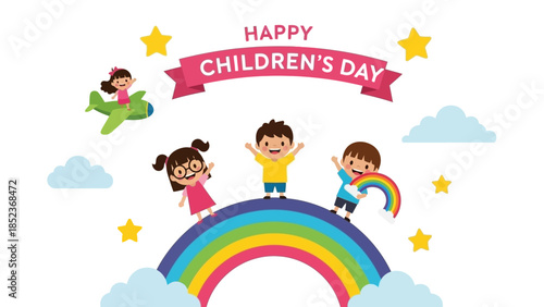 Happy Children's Day Celebration with Kids Playing on a Rainbow with an Airplane