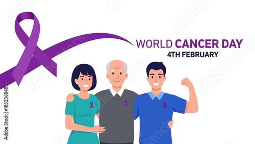 World Cancer Day Awareness Three People Wearing Purple Ribbons in Support and Solidarity
