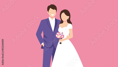 A Newlywed Couple Poses for a Photo, Dressed in Wedding Attire and Holding a Bouquet