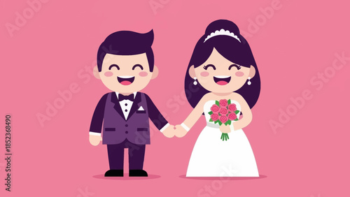 Happy cartoon couple in wedding attire holding hands with bride holding a bouquet