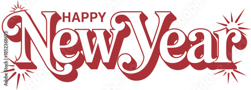 Happy New Year text with decorative flourishes lettering