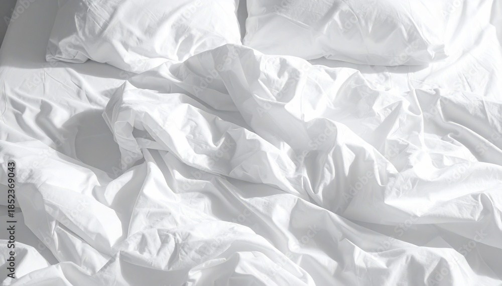 Obraz premium Close-up of unmade bed with crumpled white sheets and pillows, lit by soft light