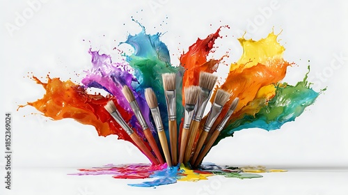 Explosive Palette: A cluster of paintbrushes bursts forth with vibrant hues, creating an explosion of color, perfect for expressing creative ideas and imagination.