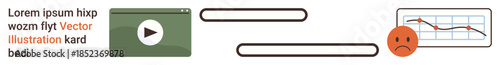 Declining performance, digital marketing challenges, analytics, video content impact, statistics, and online engagement. Play button with sad face and graph. Declining performance and analytics theme