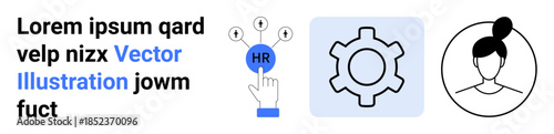 HR text with a pointing hand, a gear symbolizing processes, and a woman avatar for identity. Ideal for HR, management, hiring, processes, profiles, digital platforms simple landing page