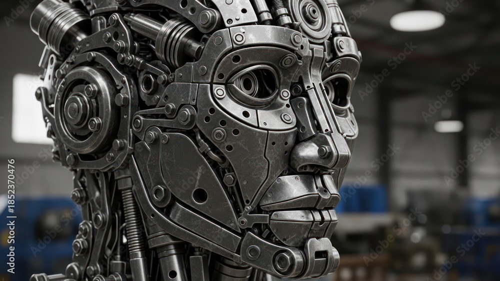 Fototapeta premium innovative robotic human face sculpture made of metal components and gears highlighting technology