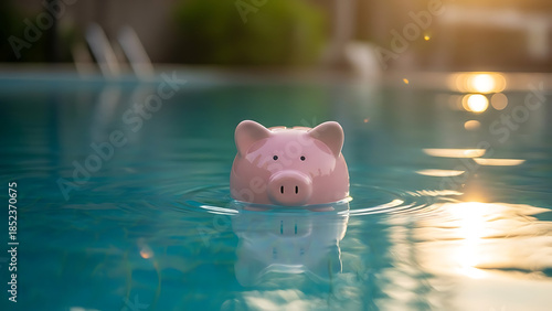 A pink piggy bank floats on the surface of a swimming pool, symbolizing financial security and savings